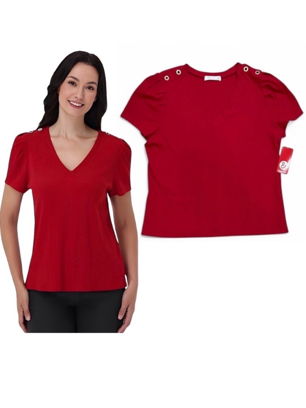 89th & Madison Red Ribbed Top w/ Gold Tone Rhinestone Grommets NWT Size Large